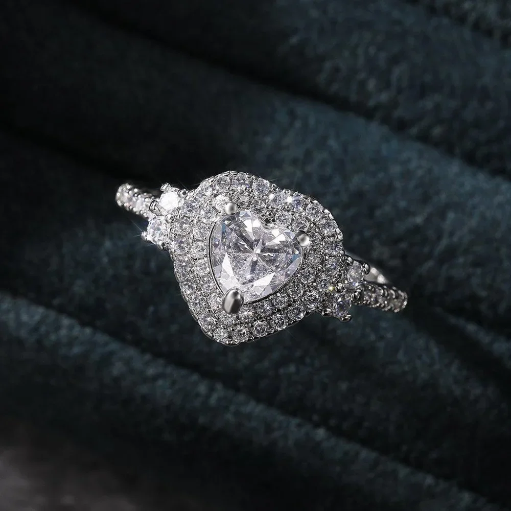 😍Diamond Heart CZ Shiny 14k White Gold Luxury Macro Pave Ring for Women, K852